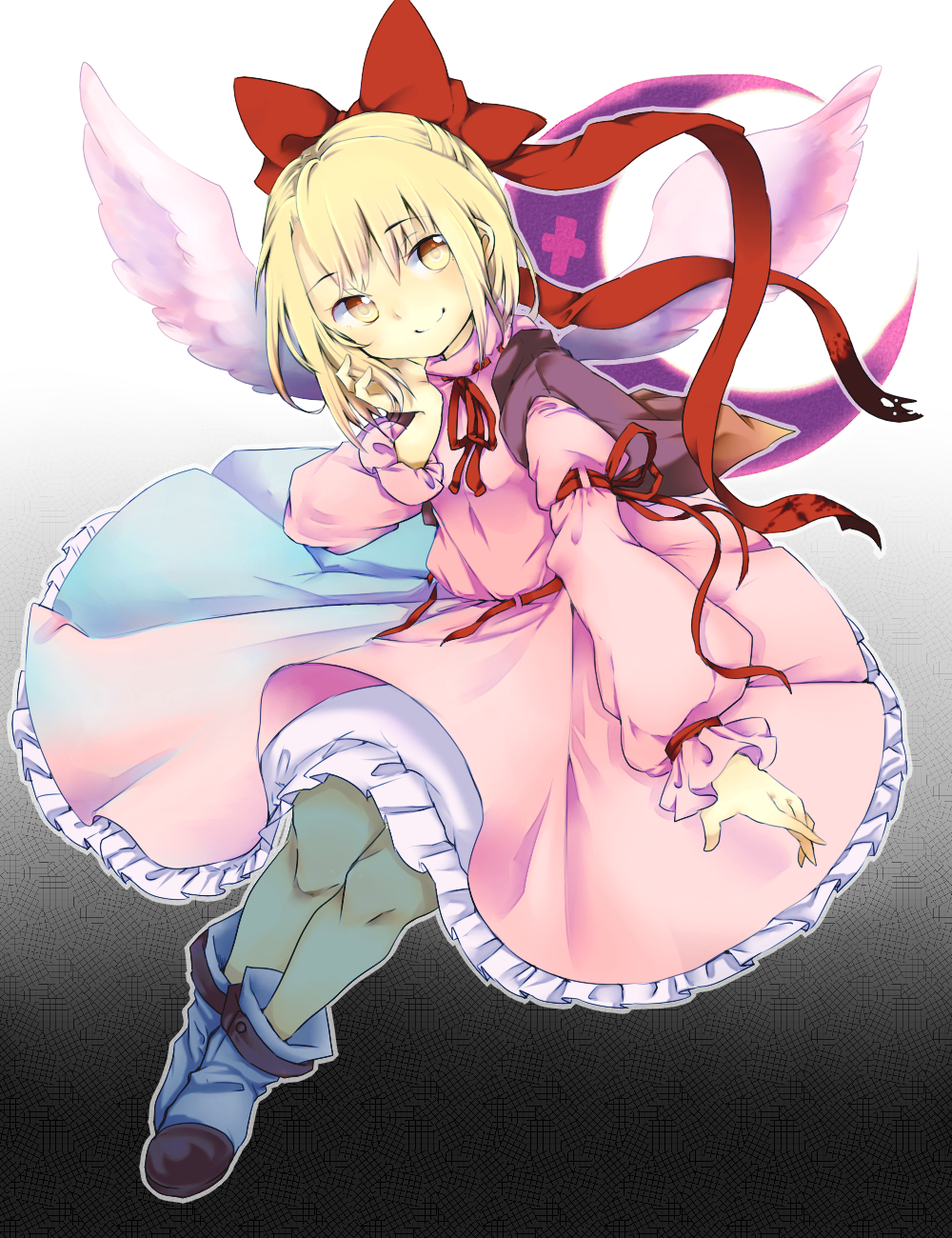 1girl angel_wings bangs blonde_hair boots bow breasts closed_mouth commentary_request crescent dress eyebrows_visible_through_hair full_body gengetsu_(touhou) gradient gradient_background green_legwear grey_background hair_bow hand_on_own_cheek hand_on_own_face hand_up highres juliet_sleeves long_sleeves outline pantyhose petticoat pink_dress puffy_sleeves red_bow revision ribbon short_hair simple_background small_breasts smile solo touhou touhou_(pc-98) wadante white_outline wings yellow_eyes