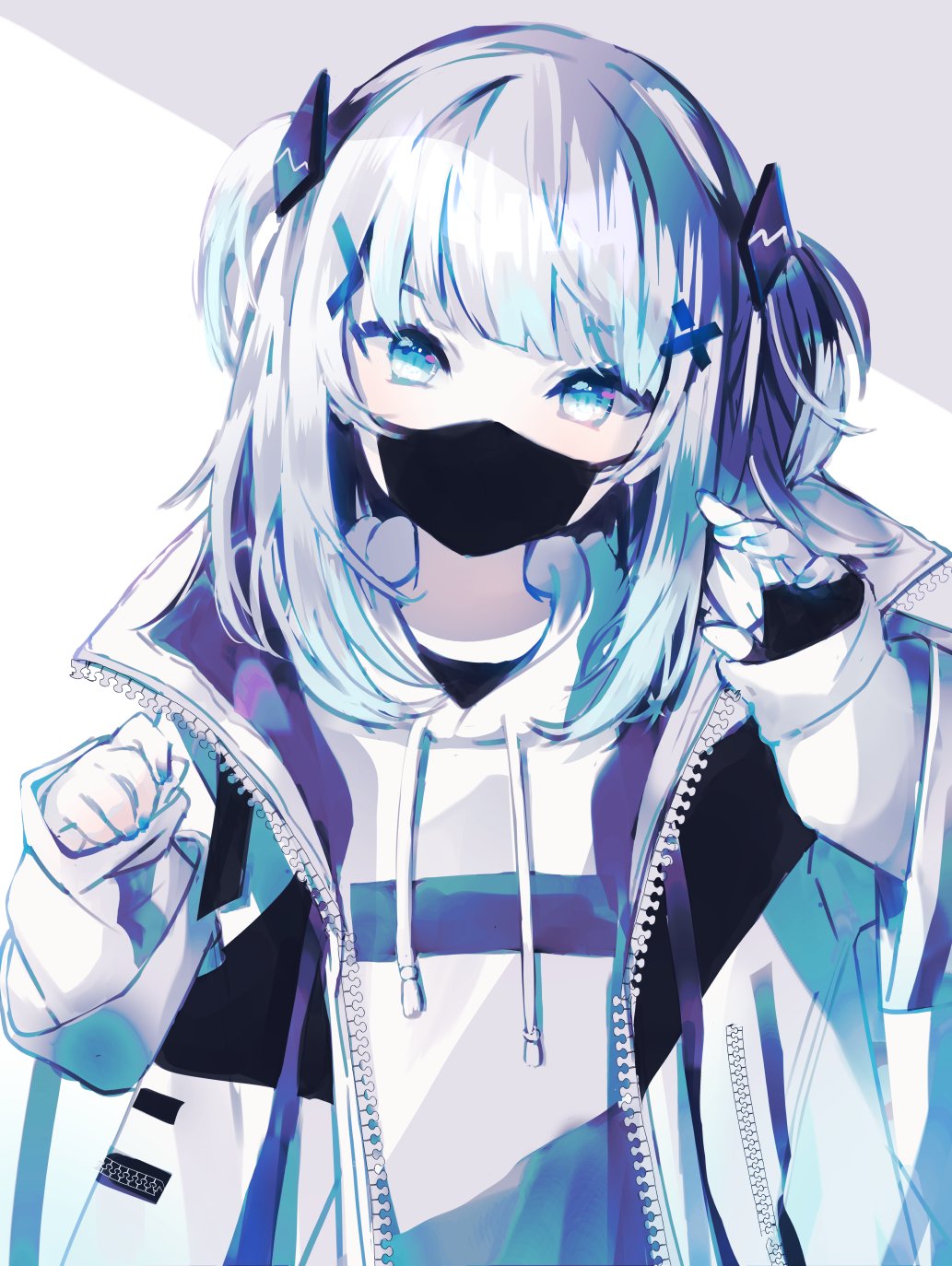 1girl beryl_(blueberylpie) black_mask blue_eyes casual gawr_gura grey_background head_tilt highres hololive hololive_english jacket light_blush long_hair long_sleeves looking_at_viewer mask mouth_mask open_clothes open_jacket solo two-tone_background two_side_up upper_body virtual_youtuber white_background white_hair