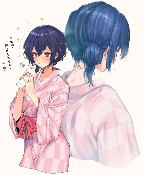 2girls after_bathing blue_hair blush bottle cowboy_shot from_behind hair_between_eyes holding holding_bottle idolmaster idolmaster_shiny_colors japanese_clothes kimono looking_away low_ponytail milk morino_rinze multiple_girls multiple_persona nape patterned_clothing red_eyes ribbon_trim sash shotan sidelocks simple_background solo_focus sparkle_print speech_bubble translation_request water_drop wet white_background wide_sleeves
