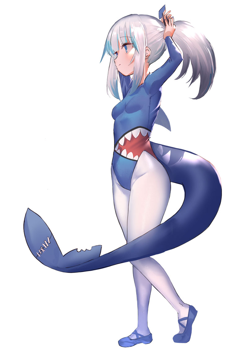 1girl bangs blue_eyes blue_hair fish_tail fuyouchu gawr_gura hololive hololive_english leotard multicolored_hair open_mouth ponytail shark_tail solo streaked_hair tail virtual_youtuber