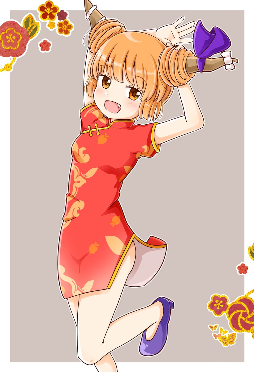 1girl :d alternate_costume alternate_hair_length alternate_hairstyle border china_dress chinese_clothes double_bun dress eyebrows_visible_through_hair fang flower grey_background groin high_heels highres horn_ornament horn_ribbon horns ibuki_suika leg_up looking_at_viewer open_mouth orange_eyes orange_hair purple_footwear red_flower ribbon rozugadena short_hair short_sleeves simple_background smile solo standing standing_on_one_leg touhou white_border