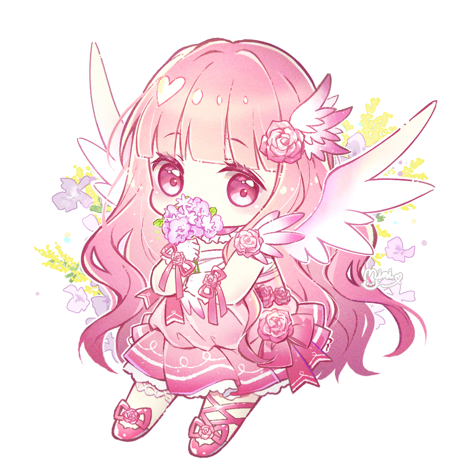 1girl bangs blush chibi commission covered_mouth danby_merong dress eyebrows_visible_through_hair flower full_body gloves hair_flower hair_ornament holding holding_flower long_hair looking_at_viewer original pink_dress pink_flower pink_hair pink_ribbon pink_rose pink_wings pleated_dress purple_flower red_eyes red_footwear ribbon rose shoes solo very_long_hair white_flower white_gloves white_wings wings