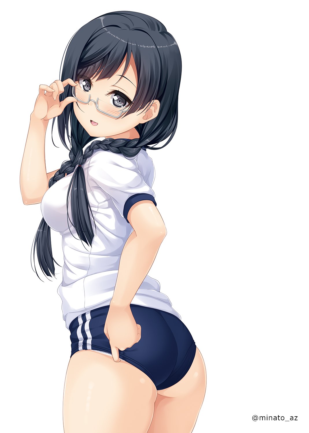 ass black_hair buruma glasses grey_eyes gym_uniform highres hino_minato_(spec.c) looking_at_viewer love_live! love_live!_nijigasaki_high_school_idol_club nakagawa_nana open_mouth panties panty_peek shirt simple_background sportswear twitter_username underwear white_background yuuki_setsuna_(love_live!)