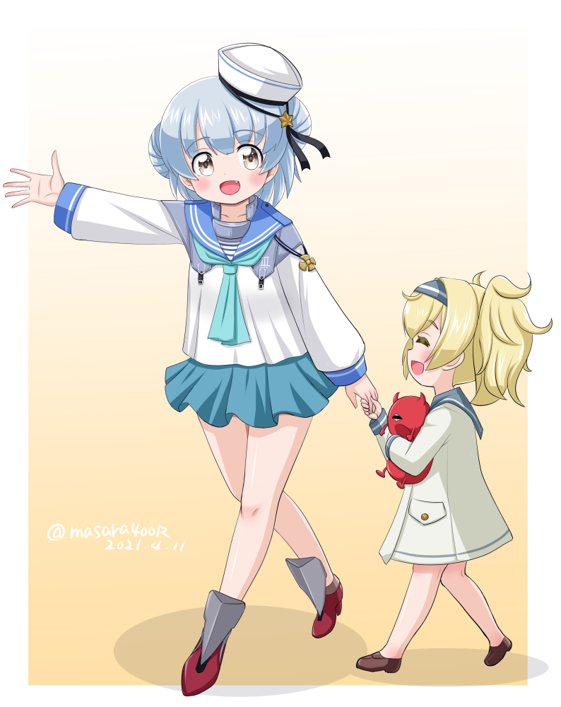 2girls =_= abyssal_ship aqua_neckwear aqua_skirt black_ribbon blonde_hair blue_hair blue_sailor_collar border commentary_request dated dixie_cup_hat double_bun dragging dress enemy_lifebuoy_(kancolle) fang gambier_bay_(kancolle) gradient gradient_background hairband hat hat_ribbon kantai_collection long_sleeves masara_(chuujou) military_hat miniskirt multiple_girls neckerchief official_alternate_costume open_mouth pleated_skirt red_footwear ribbon sailor_collar sailor_dress samuel_b._roberts_(kancolle) school_uniform serafuku shirt short_hair skirt sleeve_cuffs smile stuffed_toy twintails twitter_username white_border white_headwear white_shirt yellow_background yellow_eyes younger