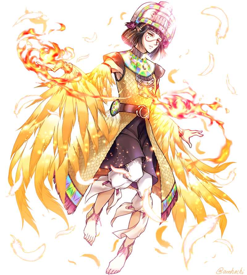 1boy arano_hachi barefoot black_hair bracelet cloak commentary_request facial_mark feathers fire full_body hat jewelry looking_at_viewer pointy_ears quetzalcoatl_(shin_megami_tensei) shin_megami_tensei signature sleeveless solo white_background winged_arms yellow_eyes