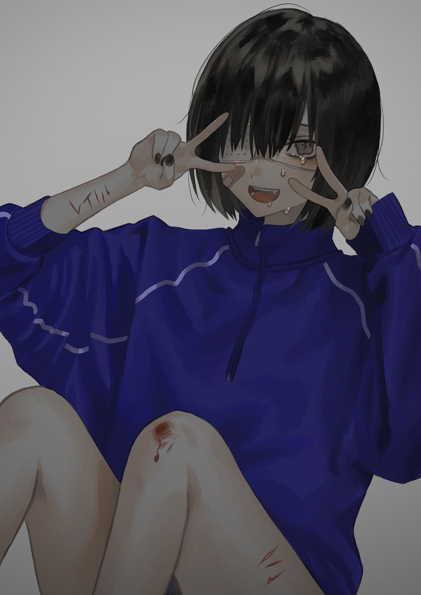 1girl :d bandaid bandaid_on_face bangs black_hair black_nails blue_track_suit bruise crying cuts eyepatch fang grey_background grey_eyes highres injury long_sleeves looking_at_viewer open_mouth original saliva short_hair simple_background sitting smile solo symbol-shaped_pupils v wavy_eyes x_x02