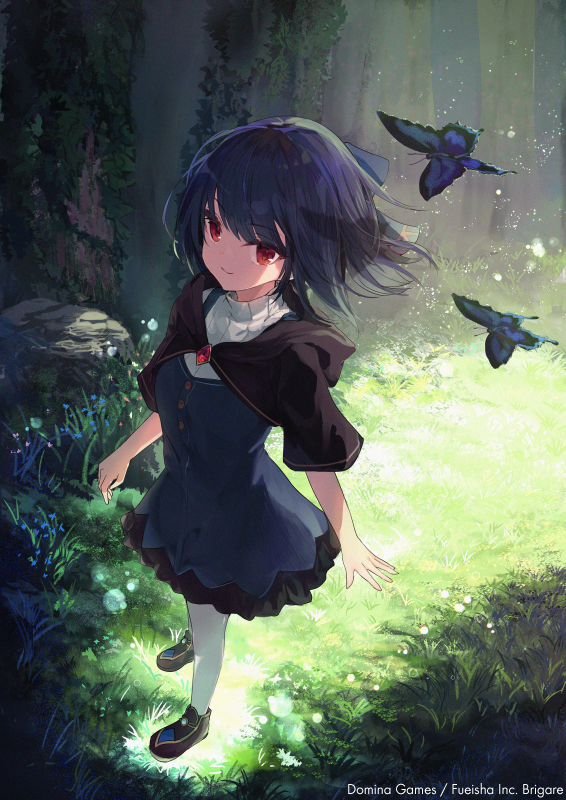 1girl bangs blue_butterfly blue_dress blue_hair blue_ribbon brigare brown_capelet brown_footwear bug butterfly commentary copyright_name day dress eyebrows_visible_through_hair forest from_above full_body gem grass hair_ribbon insect looking_at_viewer makihitsuji nature plant red_eyes ribbon shoes short_hair solo sweater sweater_under_dress symbol_commentary tree white_legwear white_sweater