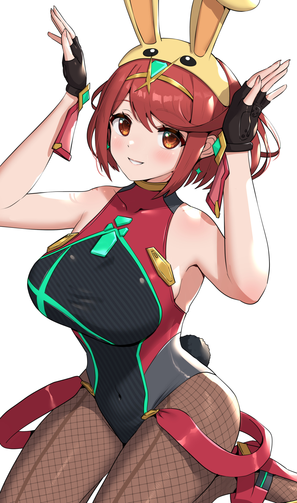 1girl animal_hat bare_shoulders black_gloves blush breasts brown_legwear covered_navel eyebrows_visible_through_hair fingerless_gloves fishnet_legwear fishnets gloves gonzarez hands_up hat headpiece highres large_breasts looking_at_viewer one-piece_swimsuit pyra_(pro_swimmer)_(xenoblade) pyra_(xenoblade) red_eyes redhead short_hair simple_background sitting smile solo super_smash_bros. swimsuit the_legend_of_zelda wariza white_background xenoblade_chronicles_(series) xenoblade_chronicles_2