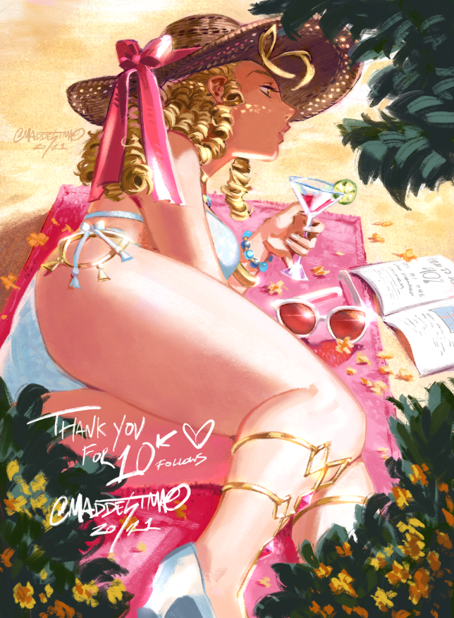 1girl alternate_costume anklet antenna_hair ass beach beach_towel bikini blonde_hair book bracelet breasts cocktail cocktail_glass commentary cup dappled_sunlight day drinking_glass english_commentary eyewear_removed hat hat_ribbon jewelry kanzuki_karin legs_together lying maddestmao medium_breasts medium_hair milestone_celebration official_alternate_costume on_side open_book orange_eyes pearl_bracelet pink_ribbon pinky_out pinup_(style) pumps revision ribbon ringlets sand side-tie_bikini solo straw_hat street_fighter street_fighter_v sun_hat sunglasses sunlight swimsuit thank_you thick_thighs thighs towel white-framed_eyewear white_bikini white_footwear