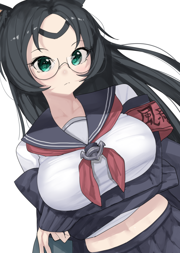 animal_ears armband azur_lane black_hair breasts glasses green_eyes jacket large_breasts long_hair long_sleeves ootani_nonno pleated_skirt rabbit_ears sailor_collar school_uniform shirt skirt souryuu_(azur_lane) souryuu_(hallway_monitor)_(azur_lane) very_long_hair white_shirt