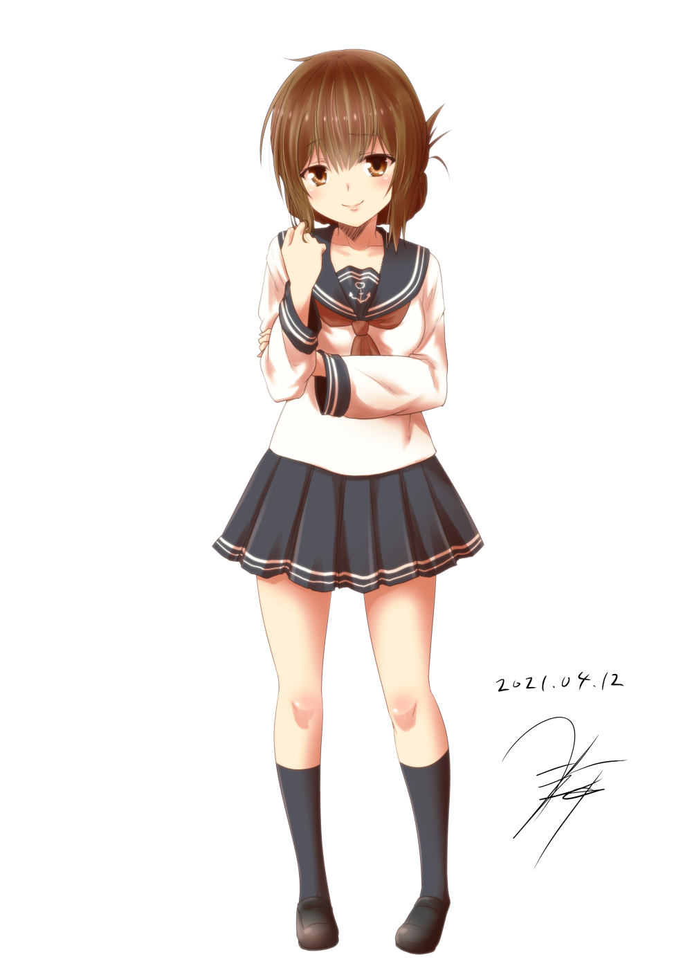 1girl anchor_symbol black_legwear black_sailor_collar black_skirt blush brown_eyes brown_footwear brown_hair closed_mouth collarbone dated eyebrows_visible_through_hair folded_ponytail full_body hair_between_eyes highres inazuma_(kancolle) kantai_collection kneehighs loafers long_hair neckerchief pleated_skirt red_neckwear sailor_collar school_uniform serafuku shoes signature simple_background skirt smile solo white_background yua_(checkmate)