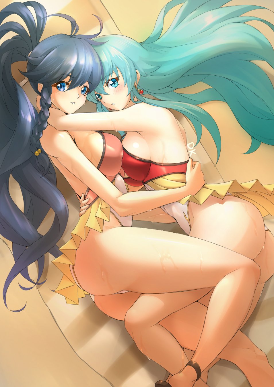 2girls ahoge aqua_eyes aqua_hair ass beach beach_towel blue_eyes blue_hair blush braid breast_press breasts deekei earrings eirika_(fire_emblem) english_commentary eyebrows_visible_through_hair feet_out_of_frame fire_emblem fire_emblem:_the_sacred_stones fire_emblem_heroes hair_ornament highres holding_another hug jewelry large_breasts locked_legs long_hair looking_at_viewer lying multiple_girls on_side one-piece_swimsuit ponytail sand shadow shy side_braid sideboob sidelocks signature smile swimsuit swimsuit_skirt symmetrical_docking tana_(fire_emblem) thighs towel very_long_hair wet