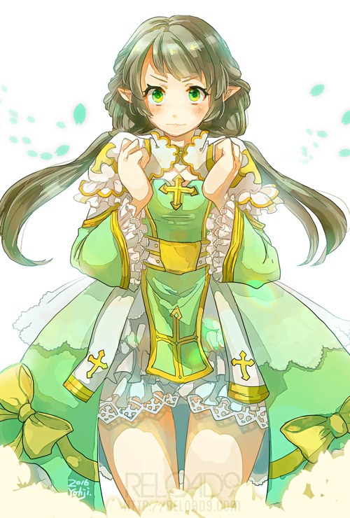 1girl alternate_color archbishop_(ragnarok_online) arms_up bangs bloomers blush bow brown_hair closed_mouth commentary_request cowboy_shot cross dated dress frilled_dress frilled_sleeves frills green_dress green_eyes juliet_sleeves long_hair long_sleeves looking_at_viewer official_alternate_costume pointy_ears puffy_sleeves ragnarok_online reload9_yohji signature solo underwear watermark web_address white_background white_dress yellow_bow