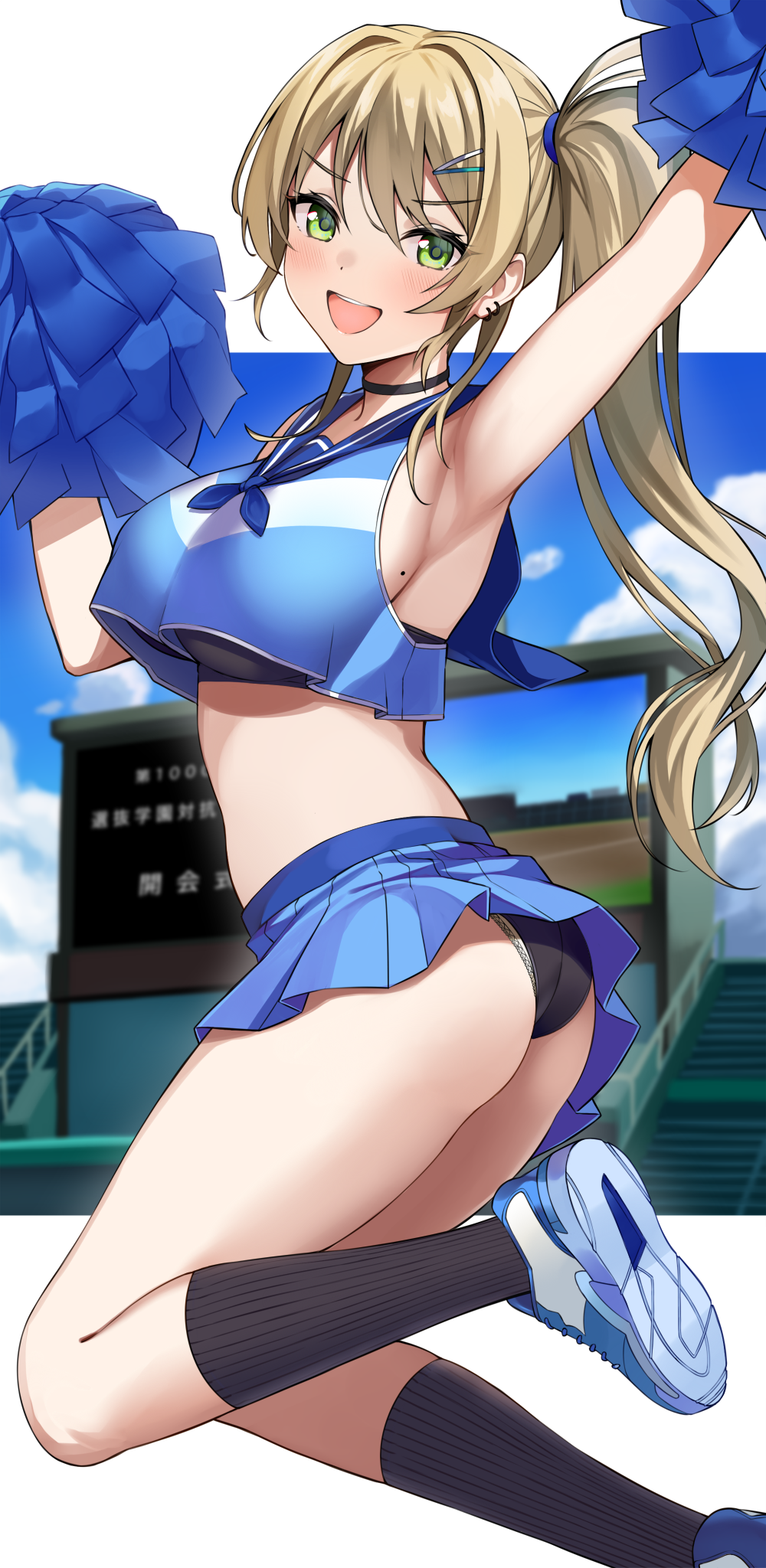1girl :d arm_up armpits ass bare_arms bare_shoulders black_bra black_choker black_legwear black_panties blonde_hair blue_shirt blue_skirt blurry bra breasts cheerleader choker crop_top crop_top_overhang depth_of_field earrings green_eyes hair_ornament hairclip hand_up highres holding holding_pom_poms jewelry kneehighs lace-trimmed_panties lace_trim large_breasts legs_up long_hair looking_at_viewer midair midriff miniskirt mole mole_on_breast neckerchief open_mouth original panties pleated_skirt pom_poms ponytail ribbed_legwear sailor_collar shirt shoes sideboob skirt sleeveless sleeveless_shirt smile sneakers solo sukebewe thighs under_boob underwear v-shaped_eyebrows