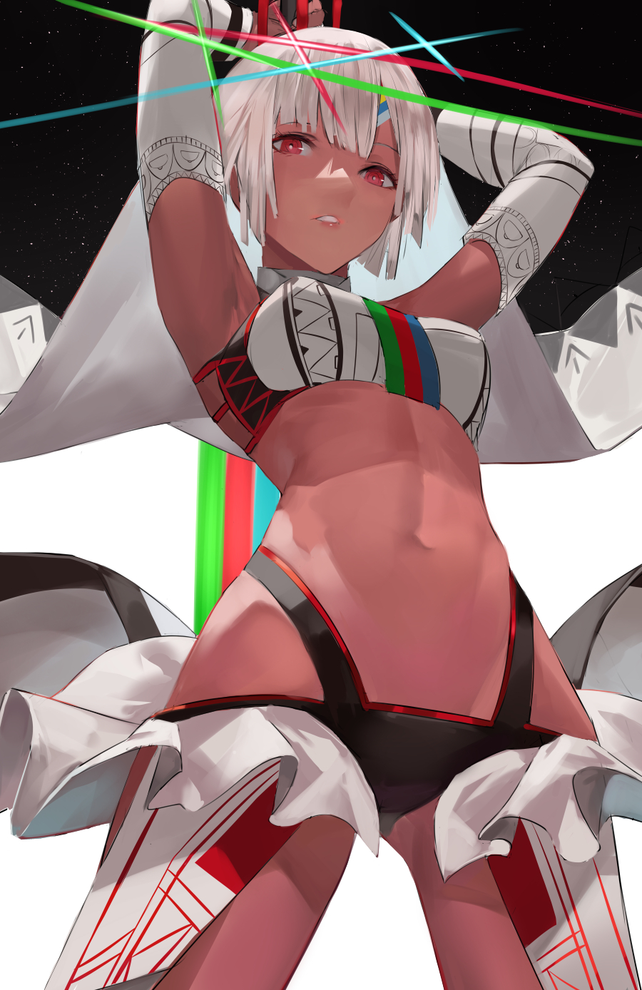 1girl altera_(fate) armpits arms_behind_head arms_up bangs bikini blazpu body_markings breasts bridal_veil choker commentary dark_skin dark-skinned_female detached_sleeves energy_sword english_commentary fate/extella fate/extra fate/grand_order fate_(series) full_body_tattoo headpiece highres looking_at_viewer medium_breasts navel parted_lips photon_ray_(fate) red_eyes short_hair silver_hair solo swimsuit sword tattoo thighs veil weapon white_bikini