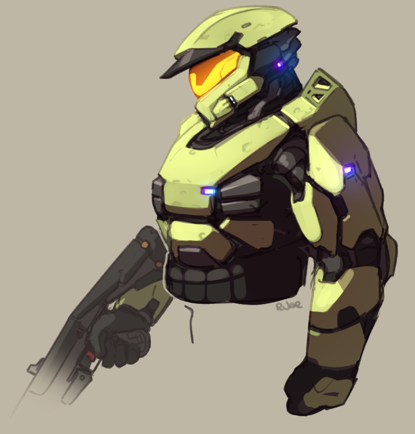 1boy artist_name beige_background clenched_hand cropped_torso english_commentary halo_(game) helmet looking_down male_focus master_chief power_armor ruben_menzel science_fiction solo spartan_(halo) visor