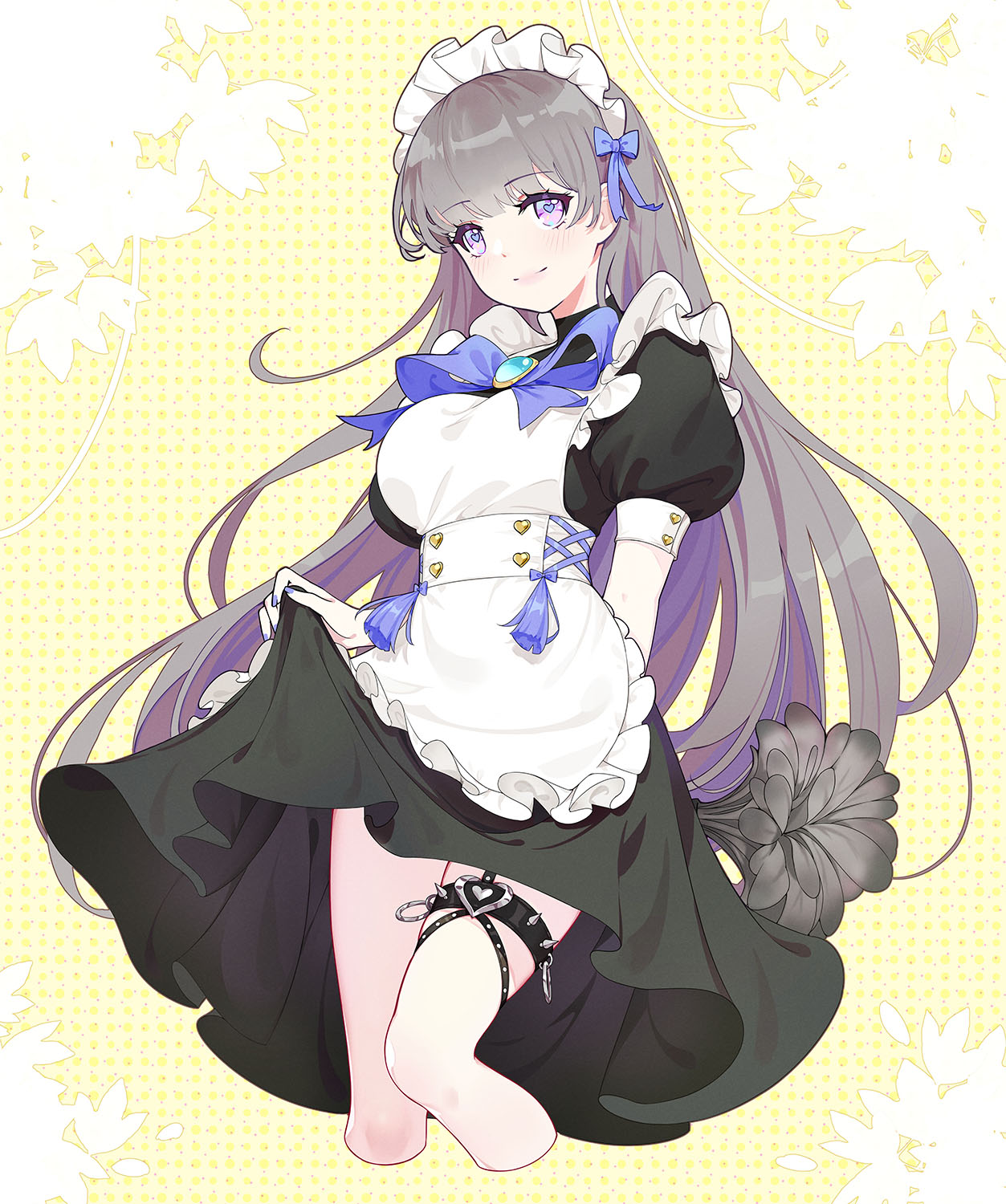 1girl apron bangs blue_bow bow breasts closed_mouth dress eyebrows_visible_through_hair fogriver grey_hair hair_bow hair_ornament heart heart_in_eye highres holding holding_clothes holding_skirt large_breasts long_hair looking_at_viewer maid maid_apron maid_headdress original short_sleeves skirt skirt_lift smile standing symbol_in_eye thigh_strap violet_eyes