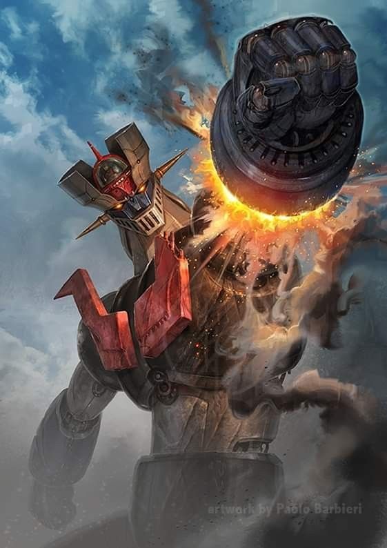 aiming_at_viewer battle canopy clouds fire firing_at_viewer looking_at_viewer machinery mazinger_z mazinger_z_(mecha) mecha paolo_barbieri pilder realistic redesign rocket_punch science_fiction smoke solo source_request super_robot thrusters