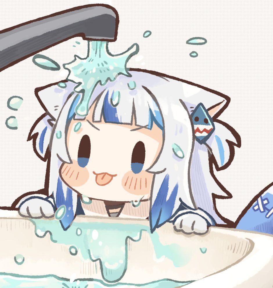 1girl :3 :p animal_ears bangs blue_eyes blue_hair blunt_bangs blush cat_ears chibi commentary faucet gawr_gura hair_ornament hairclip hololive hololive_english kemonomimi_mode meme multicolored_hair parody same_anko silver_hair sink solo symbol_commentary tongue tongue_out two-tone_hair two_side_up v-shaped_eyebrows virtual_youtuber water water_drop you're_doing_it_wrong