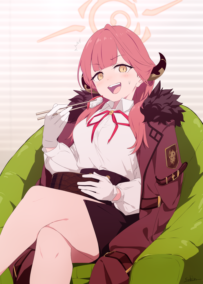 1girl ^^^ aru_(blue_archive) bangs black_skirt blinds blue_archive blush breasts chair chopsticks coat coat_on_shoulders commentary_request crossed_legs eyebrows_visible_through_hair food fur_collar gloves halo holding holding_chopsticks horns long_hair long_sleeves medium_breasts neck_ribbon open_mouth pencil_skirt pink_hair pink_neckwear red_coat ribbon shirt sitting skirt sohin solo sushi sweat white_gloves white_shirt