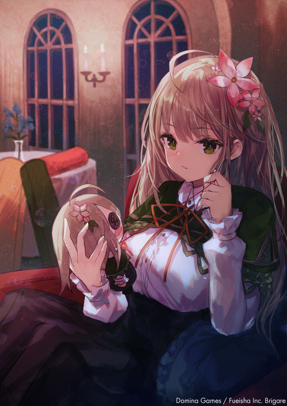 1girl ahoge armchair bangs black_skirt blonde_hair brigare chair collared_shirt commentary copyright_name cushion dress_shirt eyebrows_visible_through_hair flower green_capelet green_eyes hair_flower hair_ornament high-waist_skirt holding holding_string holding_stuffed_toy indoors long_hair long_sleeves looking_at_viewer makihitsuji neck_ribbon on_chair pink_flower red_neckwear red_ribbon ribbon sewing shirt sitting skirt solo string stuffed_toy symbol_commentary table white_shirt window