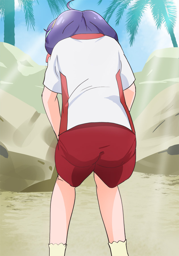 1girl from_behind haruyama_kazunori palm_tree precure purple_hair red_shorts shirt short_hair short_sleeves shorts solo standing suzumura_sango tree tropical-rouge!_precure white_shirt