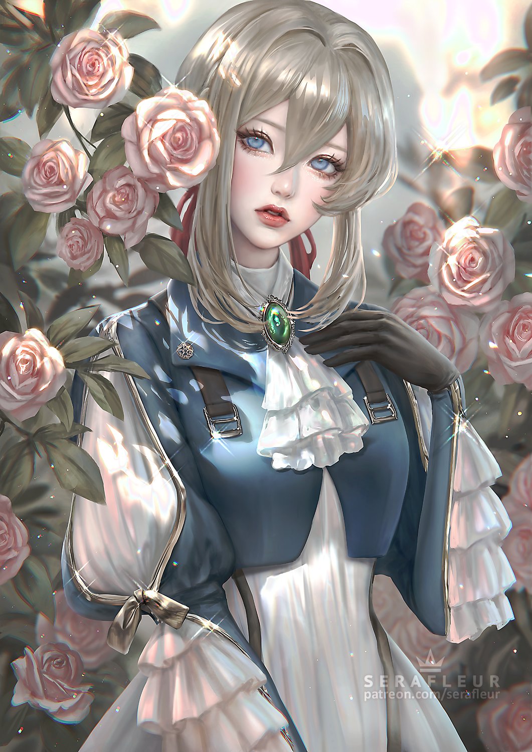 1girl abigail_diaz artist_name bangs black_gloves blonde_hair blue_eyes eyelashes flower gloves hair_between_eyes highres parted_lips patreon_username red_lips solo upper_body upper_teeth violet_evergarden violet_evergarden_(character)