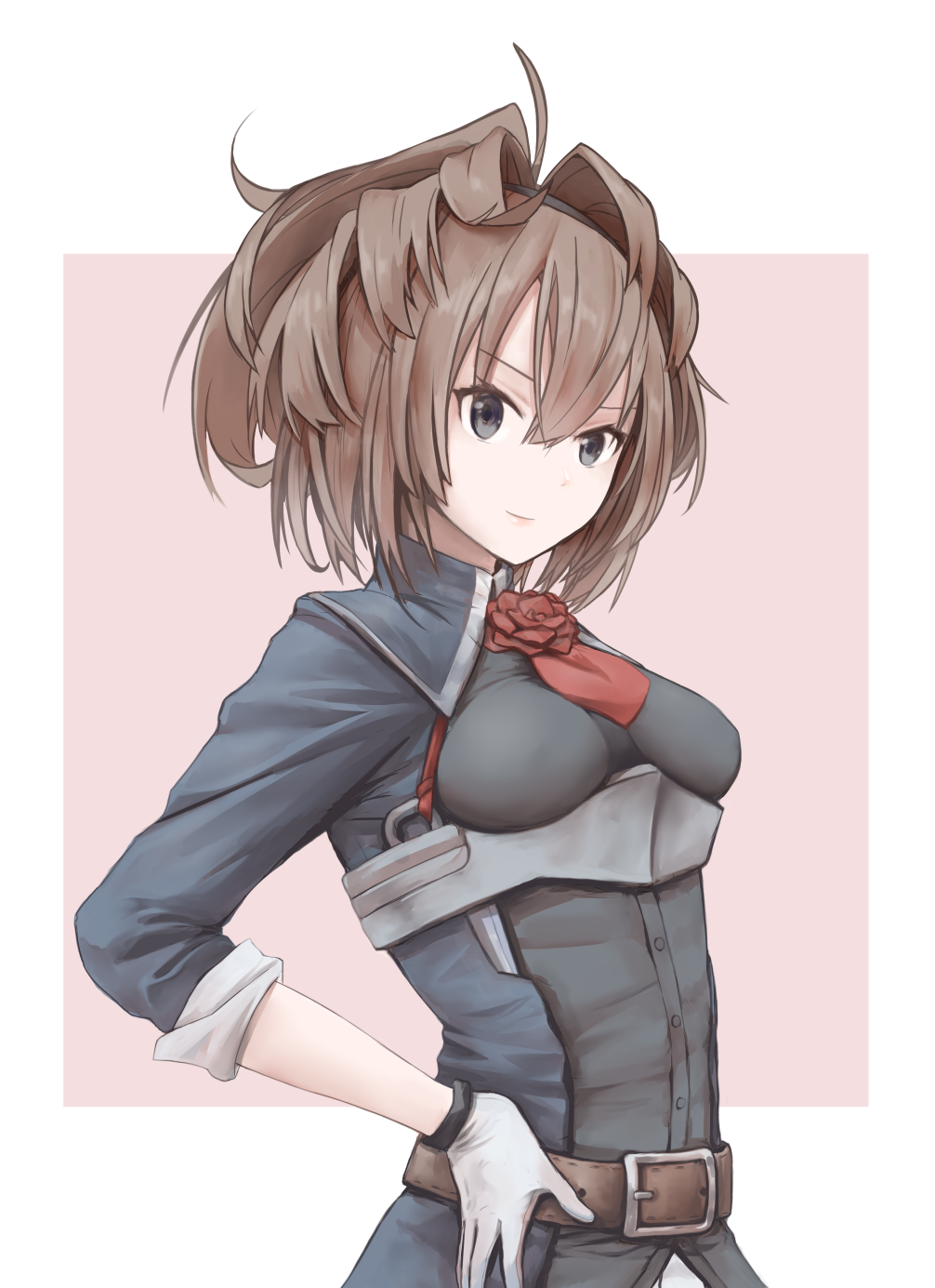 1girl ascot belt breasts brown_belt brown_hair flower gloves grey_eyes highres kantai_collection long_hair messy_hair military military_uniform miyasutou red_flower red_neckwear red_rose rose sheffield_(kancolle) small_breasts solo uniform upper_body white_gloves