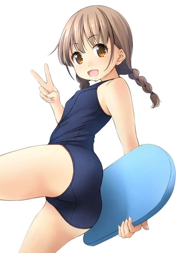 1girl blue_swimsuit braid commentary_request cowboy_shot kickboard long_hair looking_at_viewer low_twintails old_school_swimsuit one-piece_swimsuit original school_swimsuit shibacha simple_background smile solo swimsuit twin_braids twintails white_background