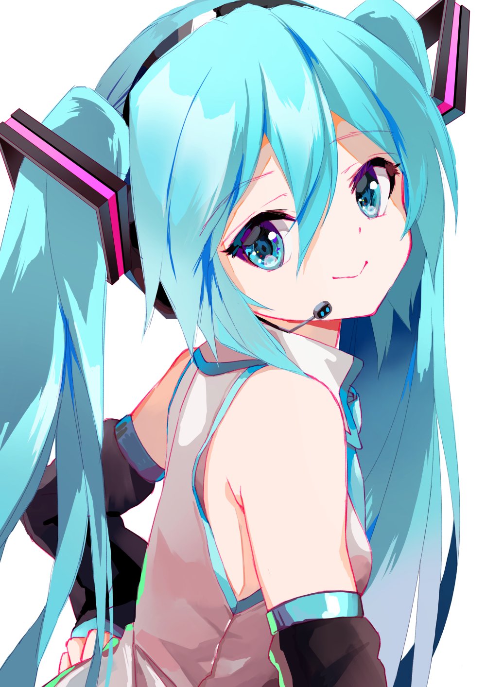 1girl :&gt; aqua_eyes aqua_hair bare_shoulders black_sleeves commentary detached_sleeves from_side grey_shirt hair_ornament hand_on_hip hatsune_miku headphones headset highres long_hair looking_at_viewer looking_to_the_side neck_ribbon necktie number_pun ribbon shirt sleeveless sleeveless_shirt smile solo takepon1123 twintails upper_body very_long_hair vocaloid white_background