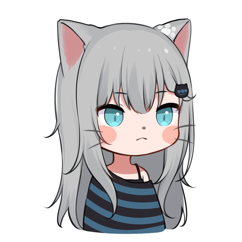 1girl :&lt; amashiro_natsuki animal_ears bangs blue_eyes blush_stickers cat_ears closed_mouth cropped_torso furry grey_hair hair_ornament hairclip horizontal_stripes long_hair looking_at_viewer nacho_(amashiro_natsuki) off_shoulder original shirt simple_background single_bare_shoulder solo striped whiskers white_background