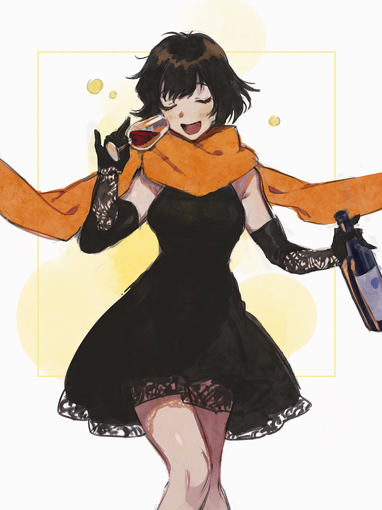 1girl alcohol black_dress black_hair blush bottle chain_sumeragi closed_eyes cup dress drinking_glass elbow_gloves gloves highres kekkai_sensen orange_scarf red_wine scarf short_hair sleeveless sleeveless_dress smile solo ta0oxo0ma wine wine_bottle wine_glass