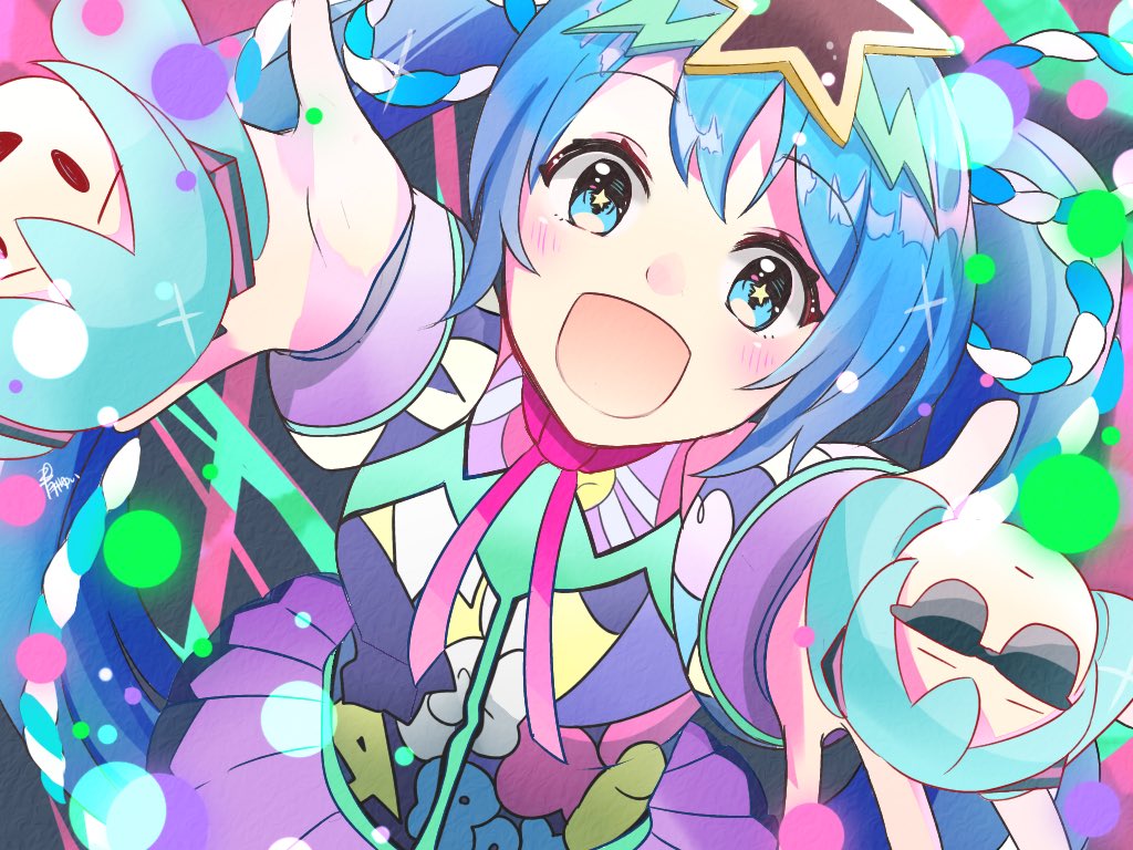 1girl aoiyui blue_hair commentary from_above hair_ornament hatsune_miku hatsune_miku_expo long_hair looking_at_viewer multicolored multicolored_clothes open_mouth outstretched_arms roe skirt smile solid_oval_eyes star_(symbol) star_hair_ornament star_in_eye sunglasses symbol_in_eye twintails very_long_hair vocaloid