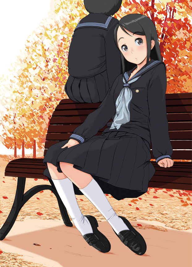 2girls autumn bench black_hair blush from_behind leaf long_sleeves multiple_girls nanahime original photoshop_(medium) plantar_flexion school_uniform serafuku sitting tree