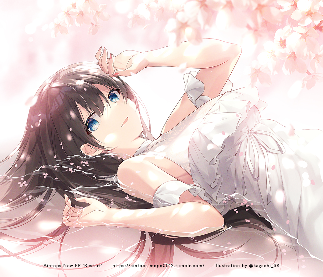 1girl bare_shoulders blue_eyes brown_hair dress flower hand_up kagachi_saku long_hair looking_at_viewer lying nail_polish on_back open_mouth original petals pink_flower smile solo white_dress