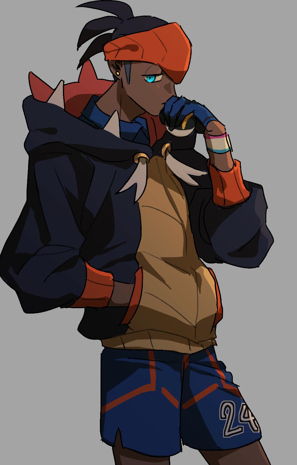 1boy black_hair black_hoodie blue_eyes closed_mouth dark_skin dark_skinned_male dynamax_band earrings gloves grey_background gym_leader half-closed_eyes hand_in_pocket highres holding holding_poke_ball hood hoodie jewelry male_focus number orange_headwear poke_ball pokemon pokemon_(game) pokemon_swsh raihan_(pokemon) shorts side_slit side_slit_shorts simple_background solo tarag0n ultra_ball undercut