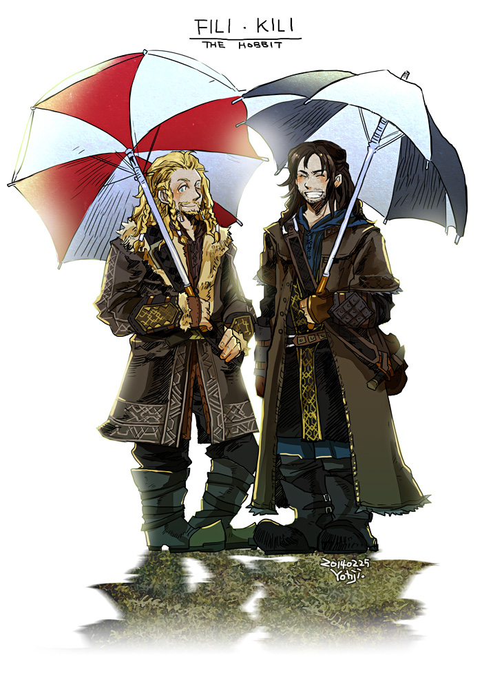 2boys black_footwear black_pants blonde_hair blue_eyes blue_shirt blush boots braid brown_coat brown_hair closed_eyes closed_mouth coat commentary_request dated facial_hair fili full_body fur_coat gauntlets grin holding holding_umbrella kili_(the_hobbit) long_hair long_sleeves looking_at_viewer male_focus multiple_boys one_eye_closed open_mouth pants reload9_yohji shirt signature simple_background smile standing the_hobbit umbrella white_background