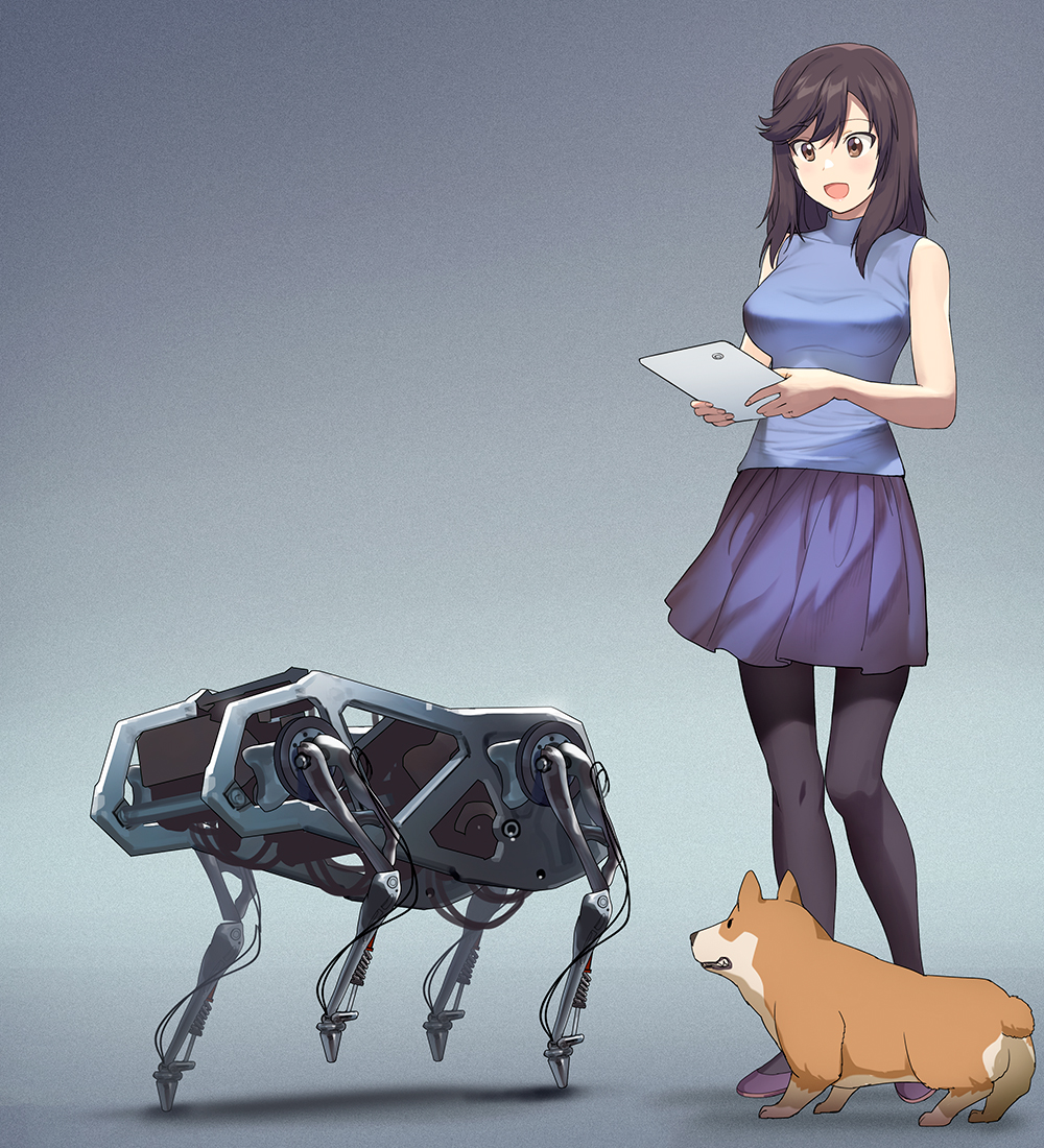 1girl :d a1 black_legwear blue_shirt breasts brown_eyes brown_hair commentary_request dog full_body gradient gradient_background grey_background holding ichijou_hotaru large_breasts non_non_biyori open_mouth pantyhose purple_skirt robot shirt short_hair skirt sleeveless sleeveless_shirt smile solo standing