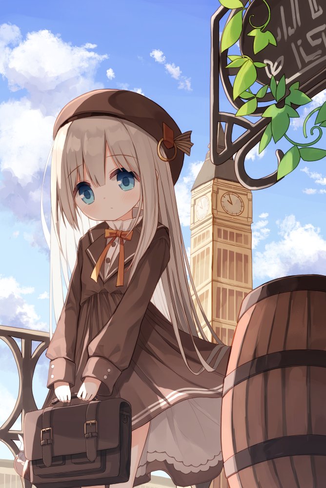 1girl bangs barrel beret blue_eyes blue_sky bow brown_bow brown_dress brown_headwear clock clock_tower clouds cloudy_sky commentary day dress eyebrows_visible_through_hair grey_hair hair_between_eyes hat healer_girl_(yuuhagi_(amaretto-no-natsu)) holding long_hair long_sleeves looking_at_viewer original outdoors pleated_dress school_briefcase school_uniform shirt sign sky sleeves_past_wrists solo tower very_long_hair white_shirt yuuhagi_(amaretto-no-natsu)