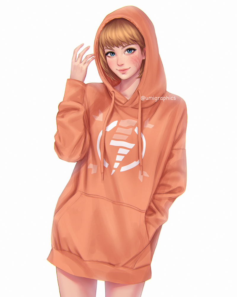 1girl apex_legends artist_name bangs blonde_hair blue_eyes blush hand_in_pocket hood hood_up hoodie leaning_to_the_side looking_at_viewer nose open_hand orange_hoodie scar scar_on_cheek scar_on_face short_hair smile solo umigraphics watermark wattson_(apex_legends) white_background