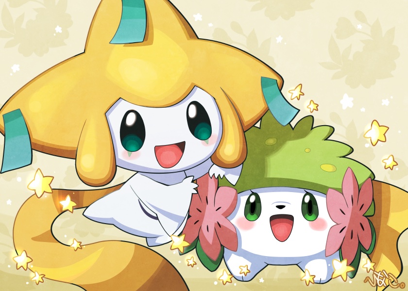 :d blush commentary eyelashes flower gen_3_pokemon gen_4_pokemon green_eyes hinako_iroiro jirachi looking_at_viewer mythical_pokemon no_humans open_mouth paws pink_flower pokemon pokemon_(creature) shaymin shaymin_(land) smile star_(symbol) toes tongue