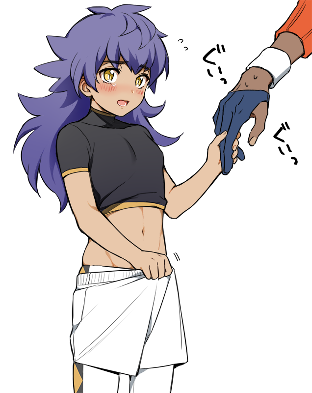 2boys bangs blush dark_skin dark_skinned_male eyelashes flying_sweatdrops gloves gym_leader hand_up holding_hand leon_(pokemon) long_hair male_focus mj_(11220318) multiple_boys navel open_mouth partially_fingerless_gloves pokemon pokemon_(game) pokemon_swsh purple_hair raihan_(pokemon) shirt short_sleeves shorts shorts_tug simple_background sweat tearing_up teeth tongue translation_request white_background white_legwear white_shorts white_wristband yellow_eyes younger