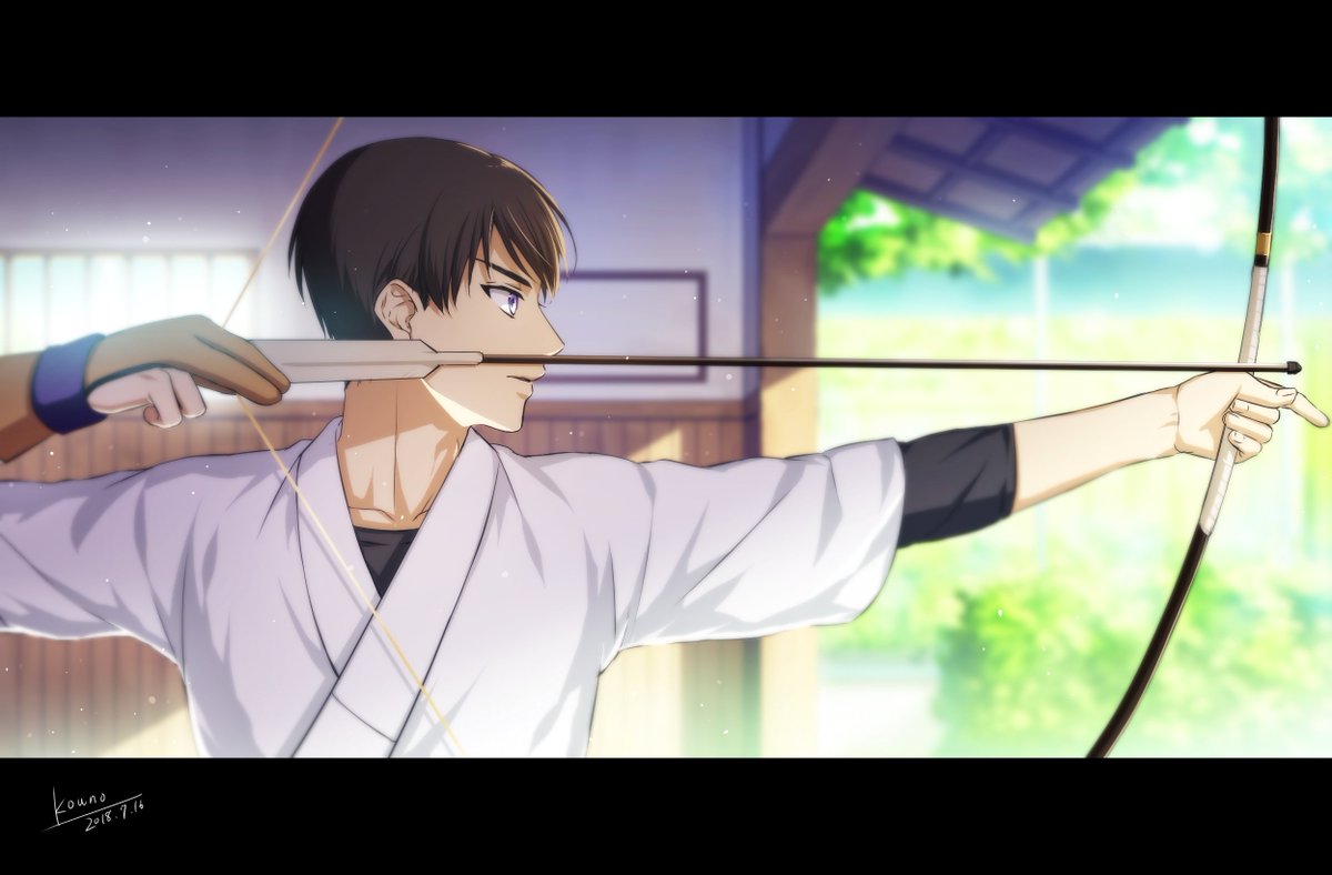 1boy archery arrow_(projectile) bangs blurry blurry_background bow_(weapon) brown_gloves brown_hair collarbone commentary_request dated drawing_bow from_side gloves holding holding_bow_(weapon) holding_weapon japanese_clothes kimono kouno_kb kyuudou male_focus meitantei_conan parted_lips partially_fingerless_gloves profile scotch_(meitantei_conan) short_hair signature single_glove solo upper_body violet_eyes weapon white_kimono wooden_wall yugake