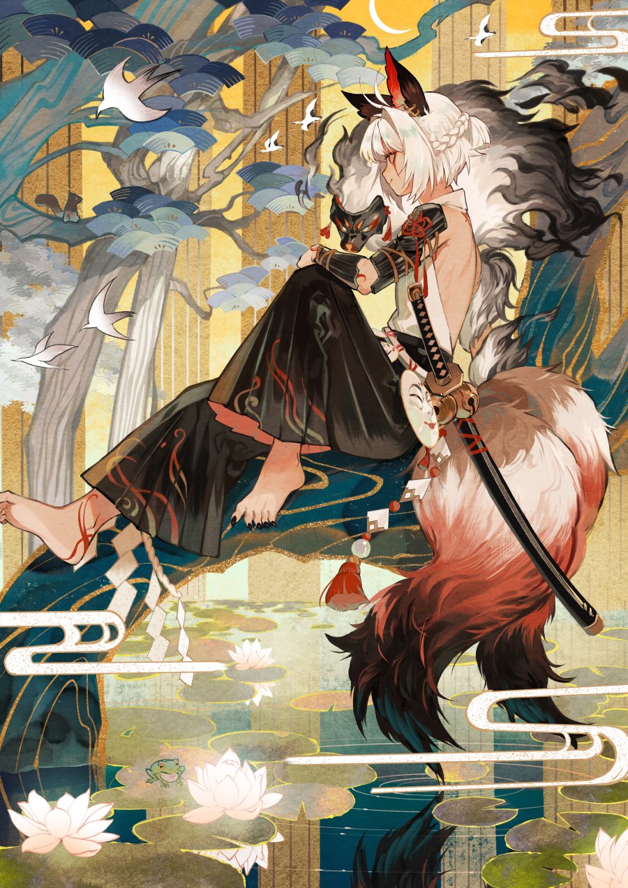 1boy animal_ears antenna_hair arm_guards arm_tattoo back_tattoo bare_back barefoot bird black_nails black_pants braid commentary ear_piercing egasumi facial_tattoo flower flower_knot foot_tattoo fox_boy fox_ears fox_mask fox_tail frog from_side full_body hair_intakes hakama hakama_pants hakuzousu_(onmyoji) hand_on_own_knee highres hitodama in_tree japanese_clothes katana lily_pad lotus male_focus mask mask_removed multiple_tails official_art onmyoji p-suke pants piercing profile red_eyes reflection ripples seigaiha short_hair short_ponytail sitting sitting_in_tree smile solo squirrel sword tail tassel tattoo tree two_tails vambraces water weapon white_hair