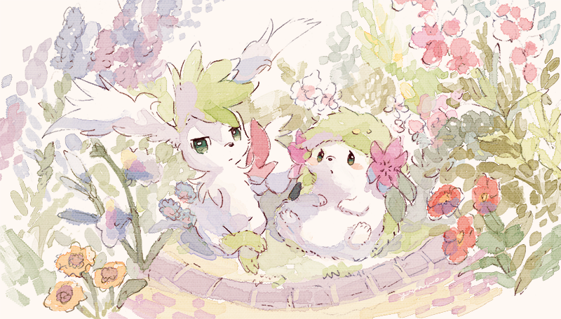 blush_stickers closed_mouth flower gen_4_pokemon green_eyes mixed-language_commentary mythical_pokemon no_humans orange_flower pokemon pokemon_(creature) purple_flower red_flower shaymin shaymin_(land) shaymin_(sky) toes white_fur yurano_(upao)