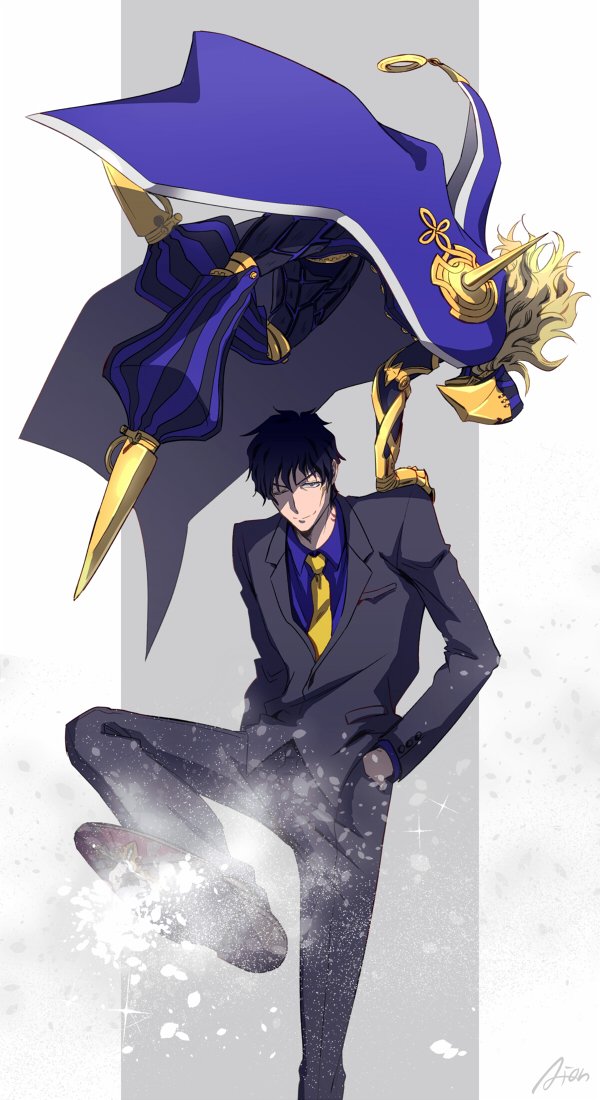 2boys aion_kiu android arm_guards avicebron_(fate) black_suit blonde_hair blue_cape blue_capelet cape capelet crossover elbow_pads fate/apocrypha fate_(series) feet_up formal hand_on_another's_shoulder ice jumping kekkai_sensen long_hair male_focus mask mechanical_legs multiple_boys necktie one_eye_closed shirt short_hair spikes steven_a._starphase striped striped_legwear striped_shirt vertical-striped_legwear vertical-striped_shirt vertical_stripes