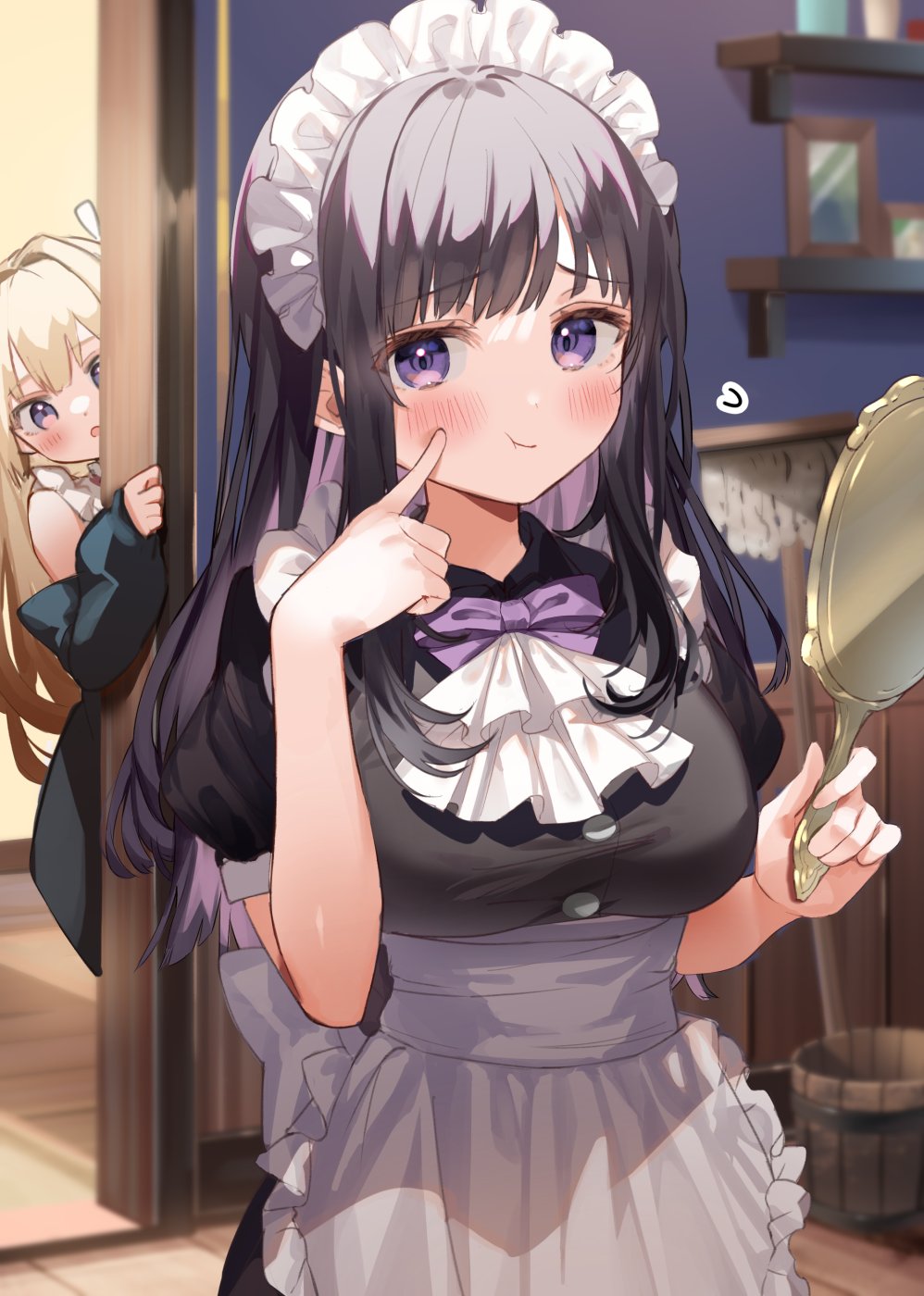 2girls :t apron bangs black_hair black_shirt blonde_hair blush bow bowtie breasts commentary_request eyebrows_visible_through_hair finger_to_cheek hand_mirror highres holding holding_mirror indoors kanda_done large_breasts long_hair looking_at_another looking_at_viewer maid maid_headdress mirror multiple_girls original peeking_out puffy_short_sleeves puffy_sleeves purple_bow purple_neckwear shirt short_sleeves violet_eyes waist_apron white_apron wooden_floor