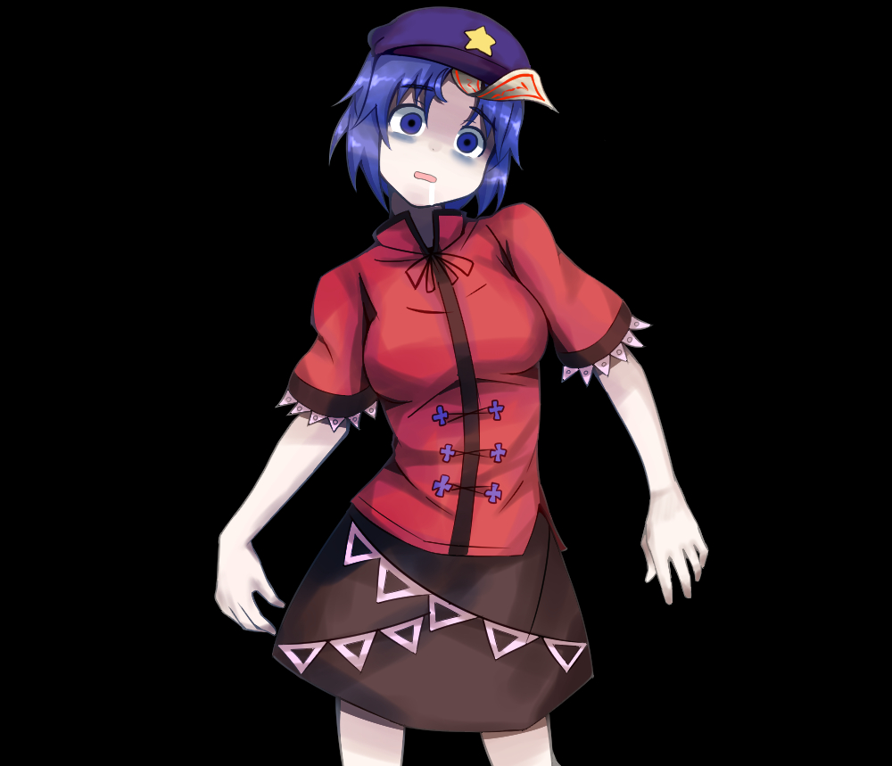 1girl bags_under_eyes bangs black_background black_neckwear black_ribbon black_skirt blue_eyes blue_hair breasts cabbie_hat drooling empty_eyes eyebrows_visible_through_hair feet_out_of_frame hat hat_ornament jiangshi komechi_satoshi looking_ahead medium_breasts miyako_yoshika ofuda open_mouth pale_skin parted_bangs purple_headwear red_shirt ribbon shirt short_hair short_sleeves simple_background skirt solo standing star_(symbol) star_hat_ornament touhou