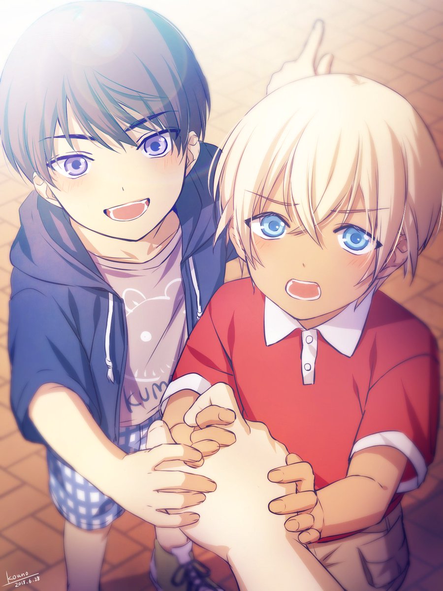 1other 2boys :d amuro_tooru animal_print bangs bear_print blonde_hair blue_eyes blue_hoodie blue_shorts blurry blush brown_hair brown_shorts child clothes_writing collared_shirt commentary_request dated depth_of_field drawstring eyebrows_visible_through_hair green_footwear hair_between_eyes highres holding_hands hood hood_down hoodie kouno_kb lens_flare male_focus meitantei_conan multiple_boys open_clothes open_hoodie open_mouth out_of_frame pointing print_shirt red_shirt scotch_(meitantei_conan) shirt shoes short_hair short_sleeves shorts smile sneakers standing teeth violet_eyes younger