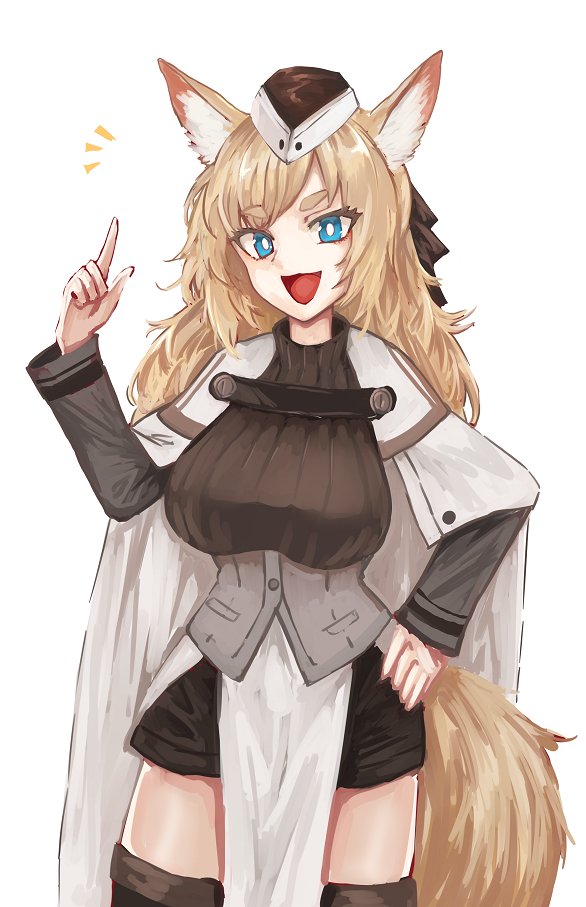 1girl :d animal_ear_fluff animal_ears arknights bangs belt black_headwear black_legwear blonde_hair blue_eyes breasts buchi_k018 cape commentary_request cowboy_shot garrison_cap hair_ribbon hand_on_hip hand_up hat horse_ears horse_girl horse_tail index_finger_raised long_hair long_sleeves looking_at_viewer open_mouth ribbon short_eyebrows smile solo standing tail thigh-highs thighs whislash_(arknights) white_cape